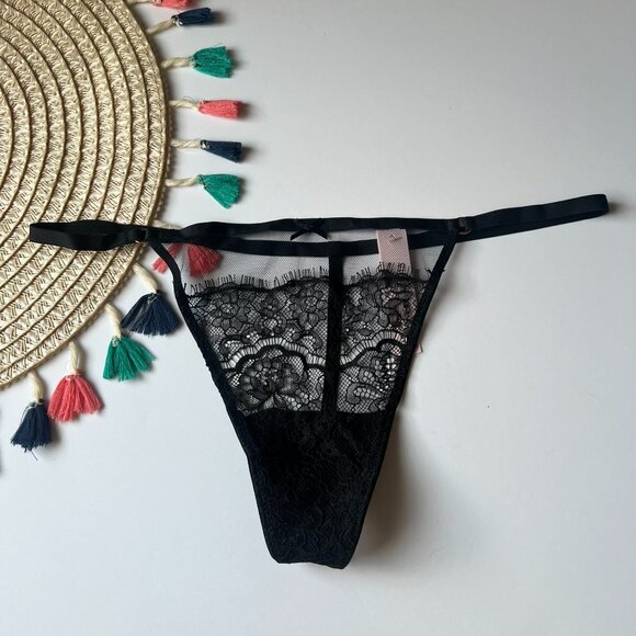 Victoria's Secret Dream Angels Mesh and Lace V-String Panty Black Large NEW - Picture 1 of 7